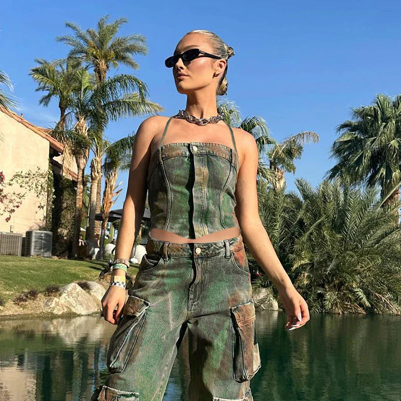 Sexy Denim Button Backless Off Shoulder Cami Top