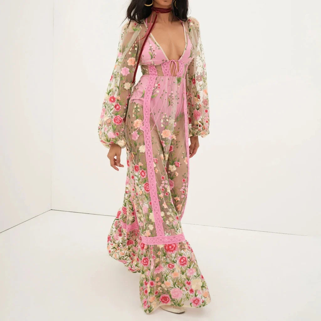 Sheer Lace Embroidery Floral Dress