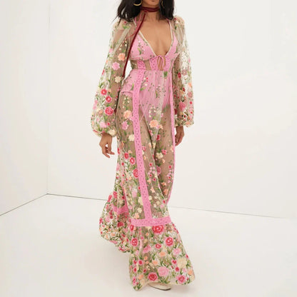 Sheer Lace Embroidery Floral Dress