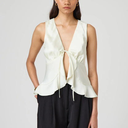 Bow Tie-up V-Neck Ruffled Hem Silky Cami Top