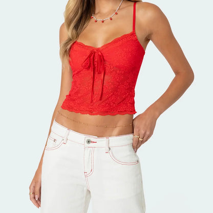 Y2K Lace See-through Sheer Tie-Up Spaghetti Strap Cami Top