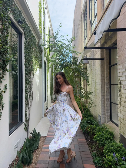 High Waist Pleated Sleeveless Floral Dress