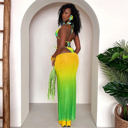 Zebra Leopard Print Bra Long Skirt Three Piece Swim Sets