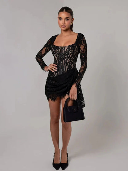 Corset Draped Square Collar Ruched Lace Dress