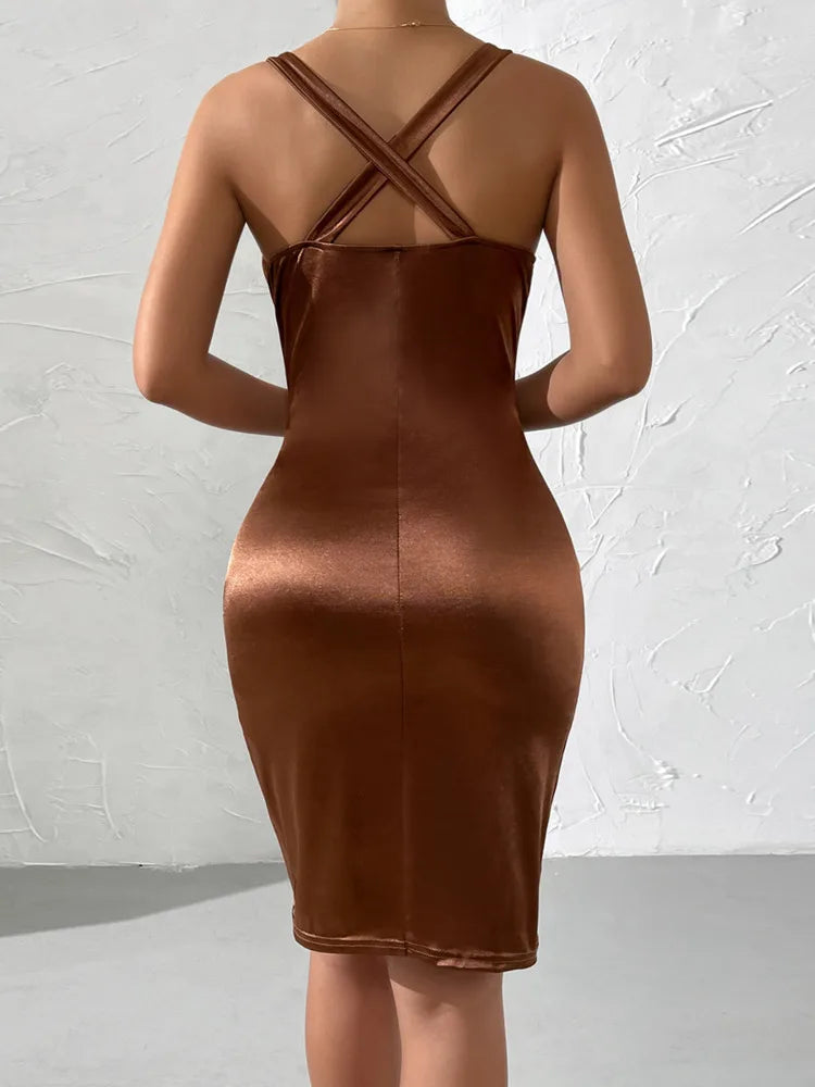 Satin Deep V Neck Ruched Midi Dress