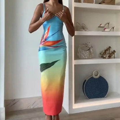 Square Neck Sequined Slit Floral Dress