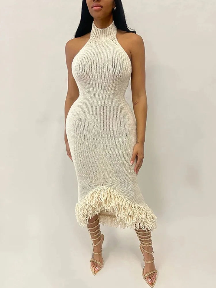 Tassel Hem Backless Knitted Party Dress