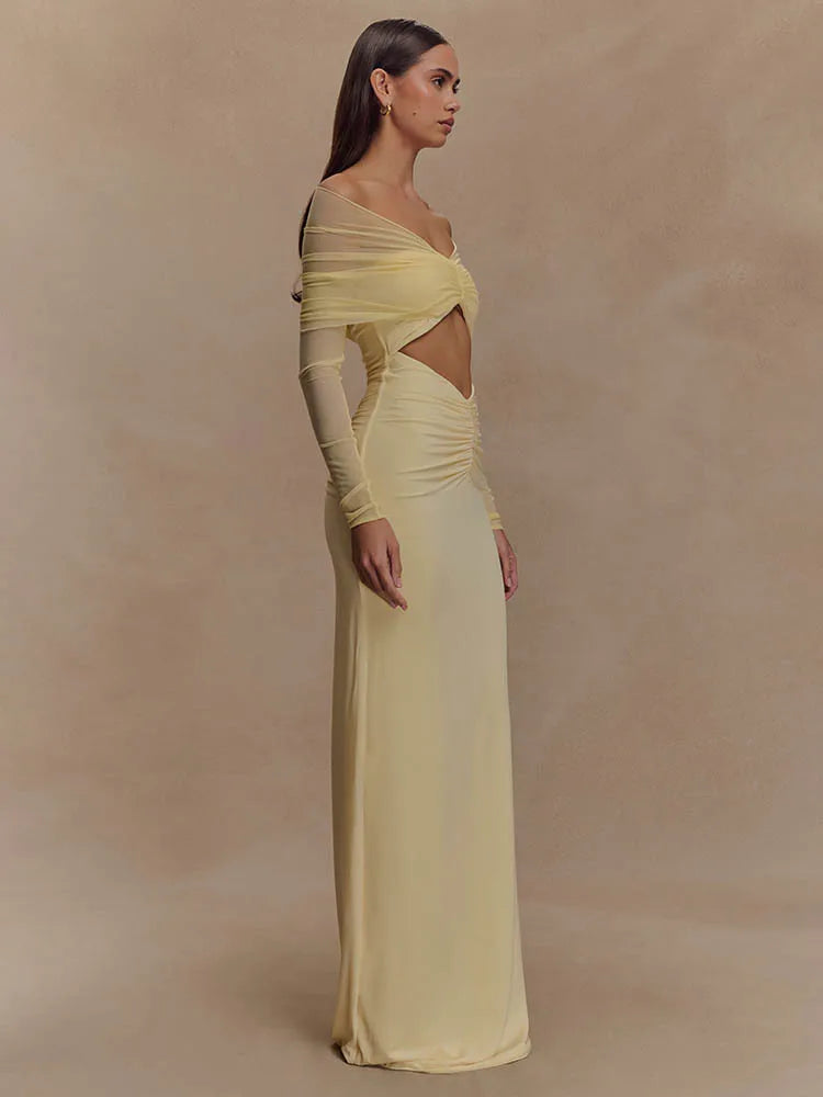 Hollow Out Ruched Maxi Prom Dress