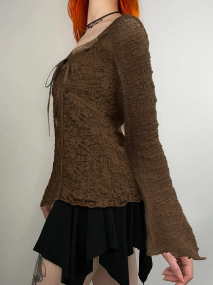 Lace Trim V-Neck Slim Brown Long Sleeve Crop Top