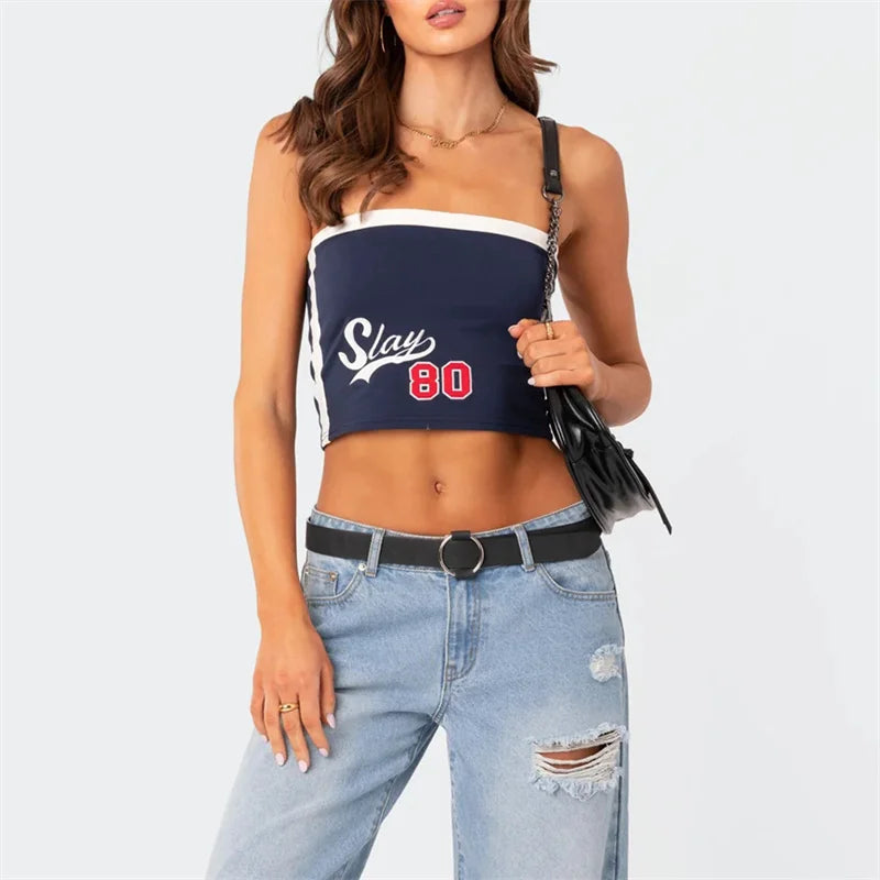 Solid Color/Stripes Letter Print Strapless