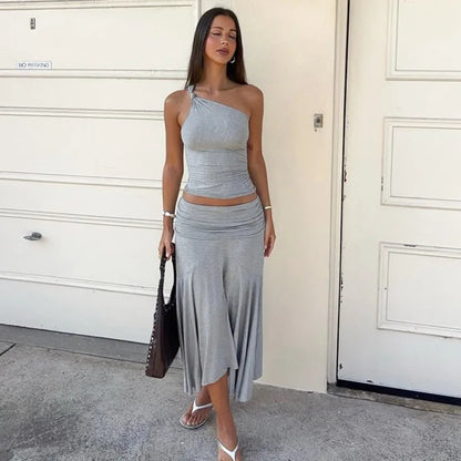 Fold Over One Shoulder Maxi Knit Set