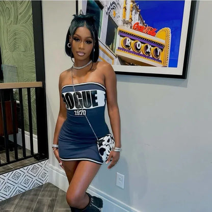 Letter Print Strapless Slim Party Dress