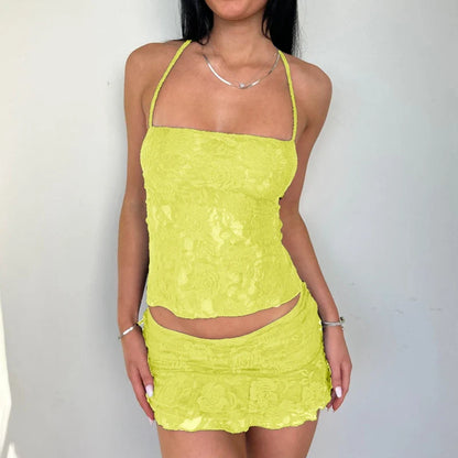 Lace Fairy Tie-Up Sleeveless Low Rise Mini Two Piece Skirt Set