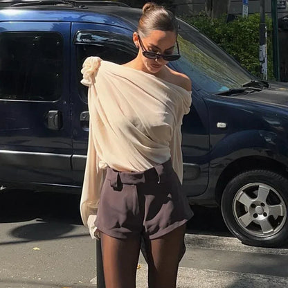 Chiffon One Shoulder Ruched Lantern Sleeve Blouse