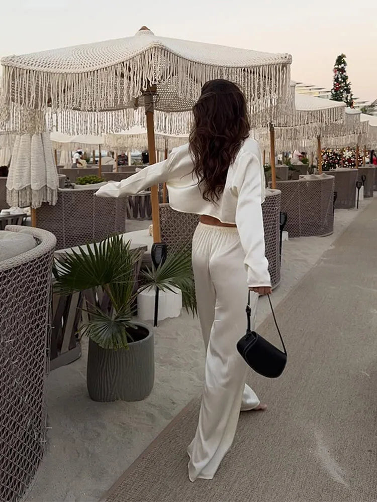 Satin Button Down Wide Leg Two Piece Pants Set