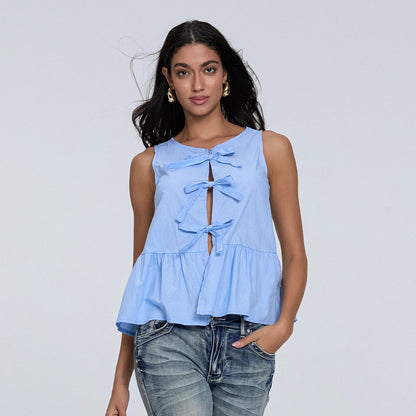 Solid Tie Front Round Neck Cami Top