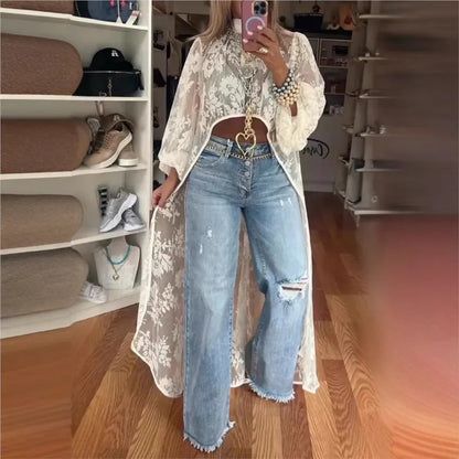 Lace Floral High Neck Puff Sleeve Blouse