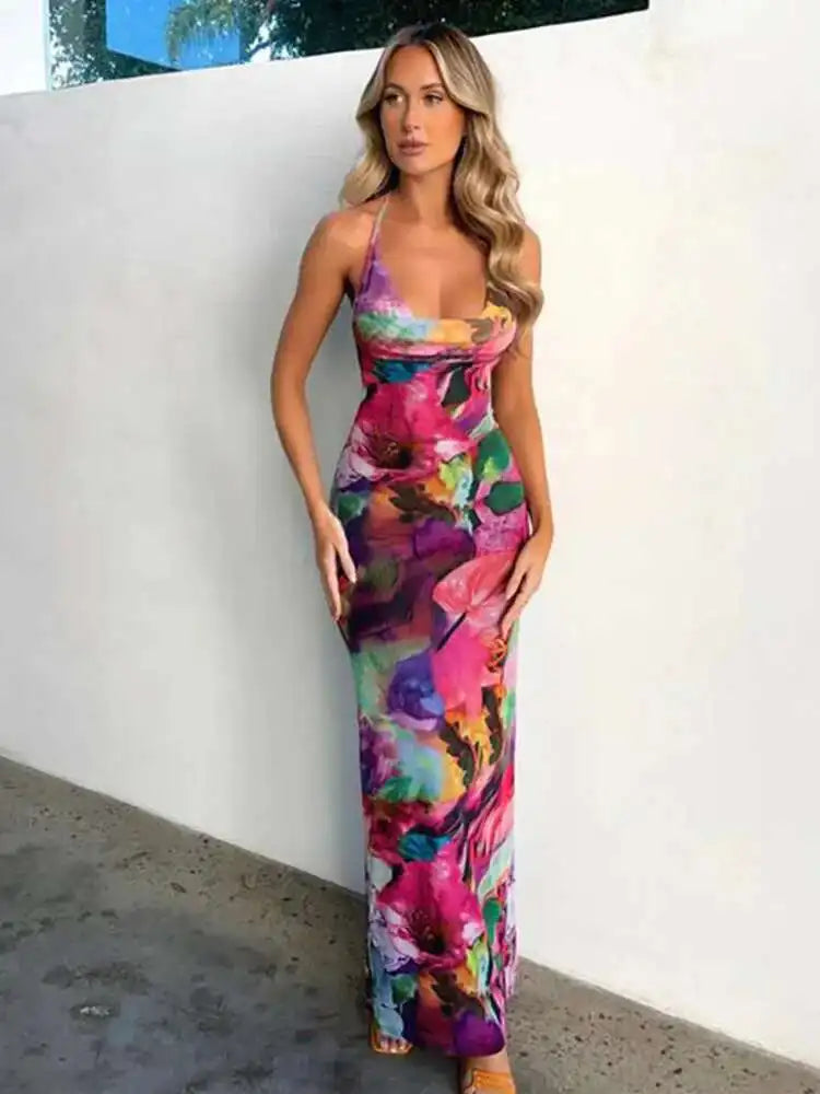 Deep V Backless Bandage Floral Dress