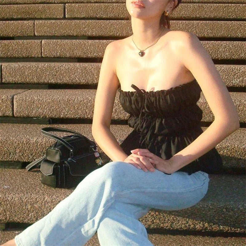 Solid Ruched Tie Up Tube Strapless