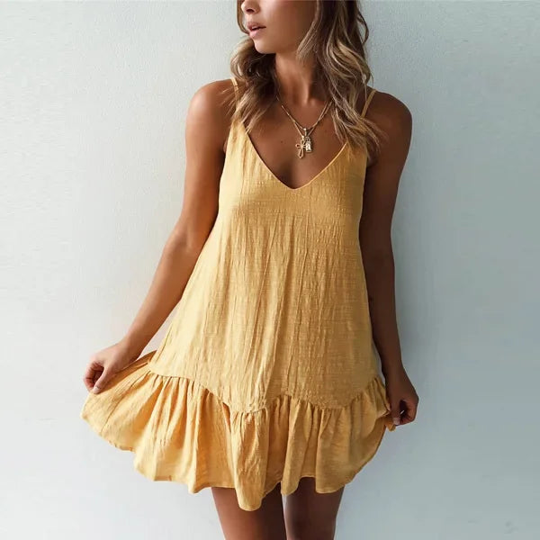 Spaghetti Strap Ruffle Cotton Linen Off Shoulder Slip Dress