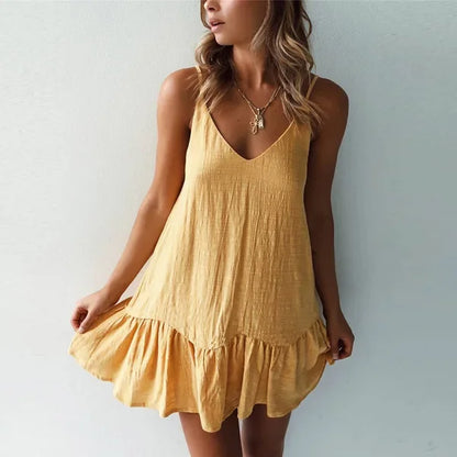 Spaghetti Strap Ruffle Cotton Linen Off Shoulder Slip Dress