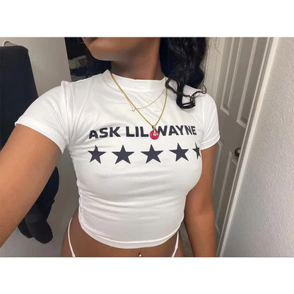 Y2K Star Letter Print Slim Crop Top