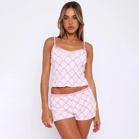 Contrast Printed Bow Crop Tank Top Two Piece Shorts Set