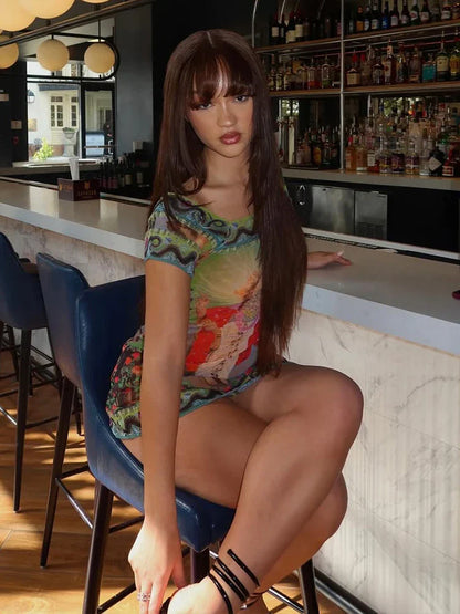 Printed Mesh Crew Neck Short Sleeve Mini Dress