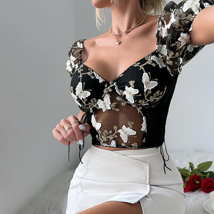 Puff Sleeve Mesh Patchwork Boho Crop Top