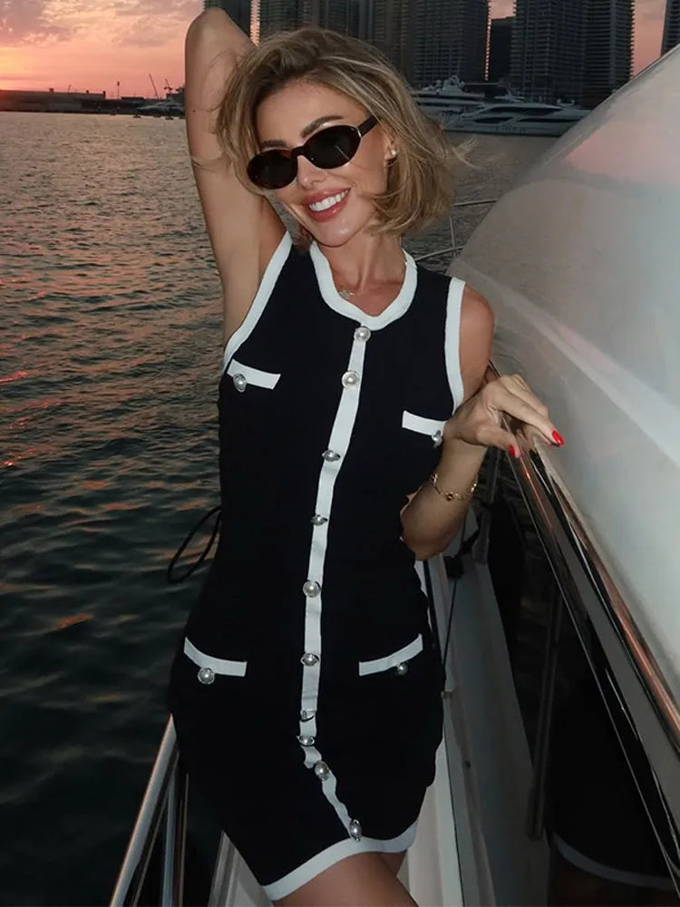 Contrast Single Breasted Knitted A-Line Work Dress