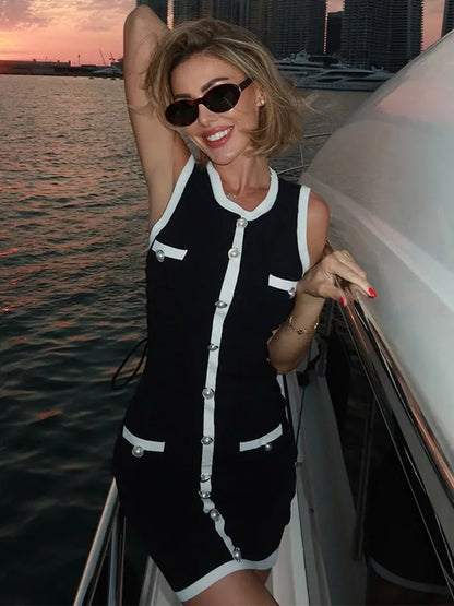 Contrast Single Breasted Knitted A-Line Work Dress