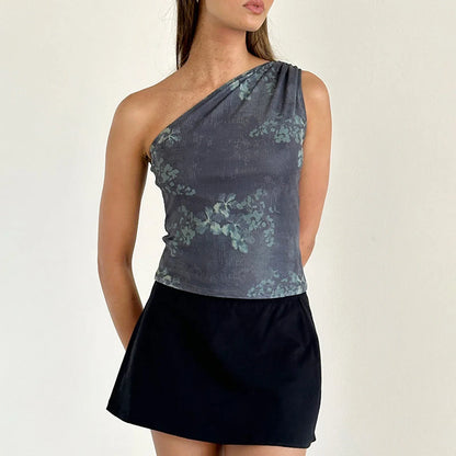 Y2K Vintage Ruched One Shoulder Flower Print Cami Top