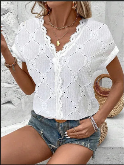 Loose White Lace V-neck Short Sleeve Blouse