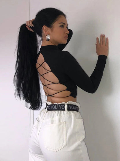 Hollow Out Long Sleeve Bandage Crop Top
