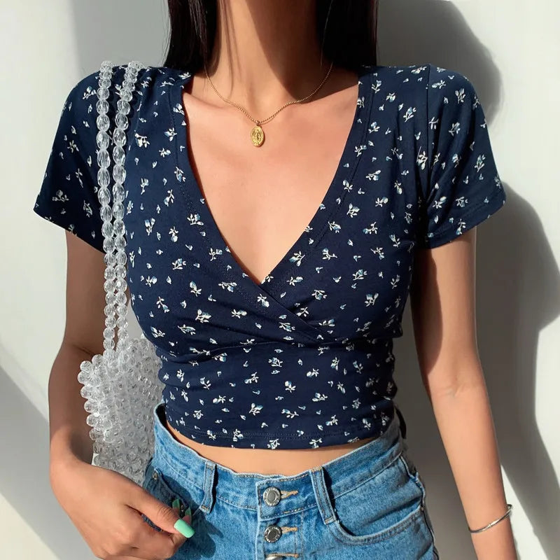 French Floral V-neck Slim Fit Crop Top