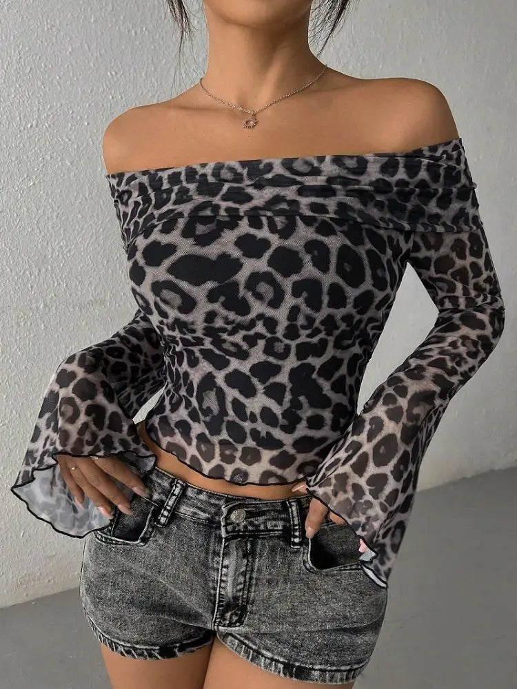 Leopard Print Mesh Ruched Long Sleeve Sheer Top