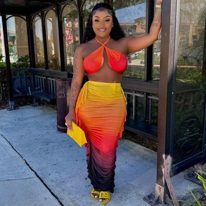 Gradient Halter Crop Top Ruffles Three Piece Swim Sets