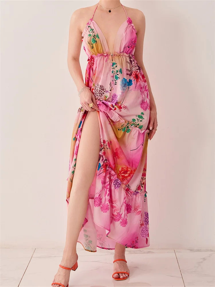 Retro Print Backless V-neck Midi Dress