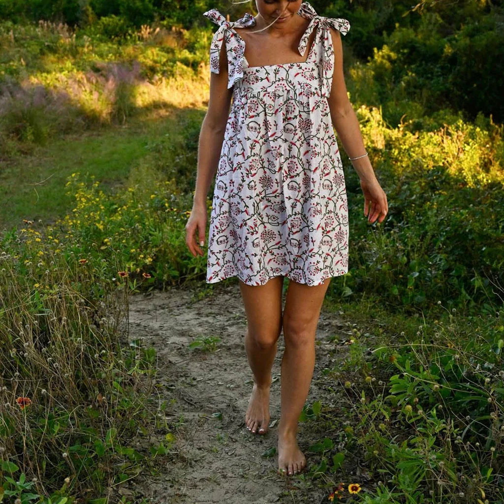 Square Neck Stripe Loose Floral Dress