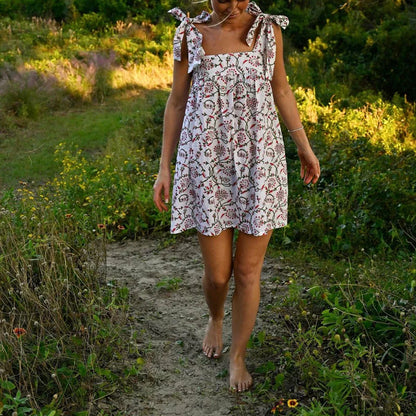 Square Neck Stripe Loose Floral Dress