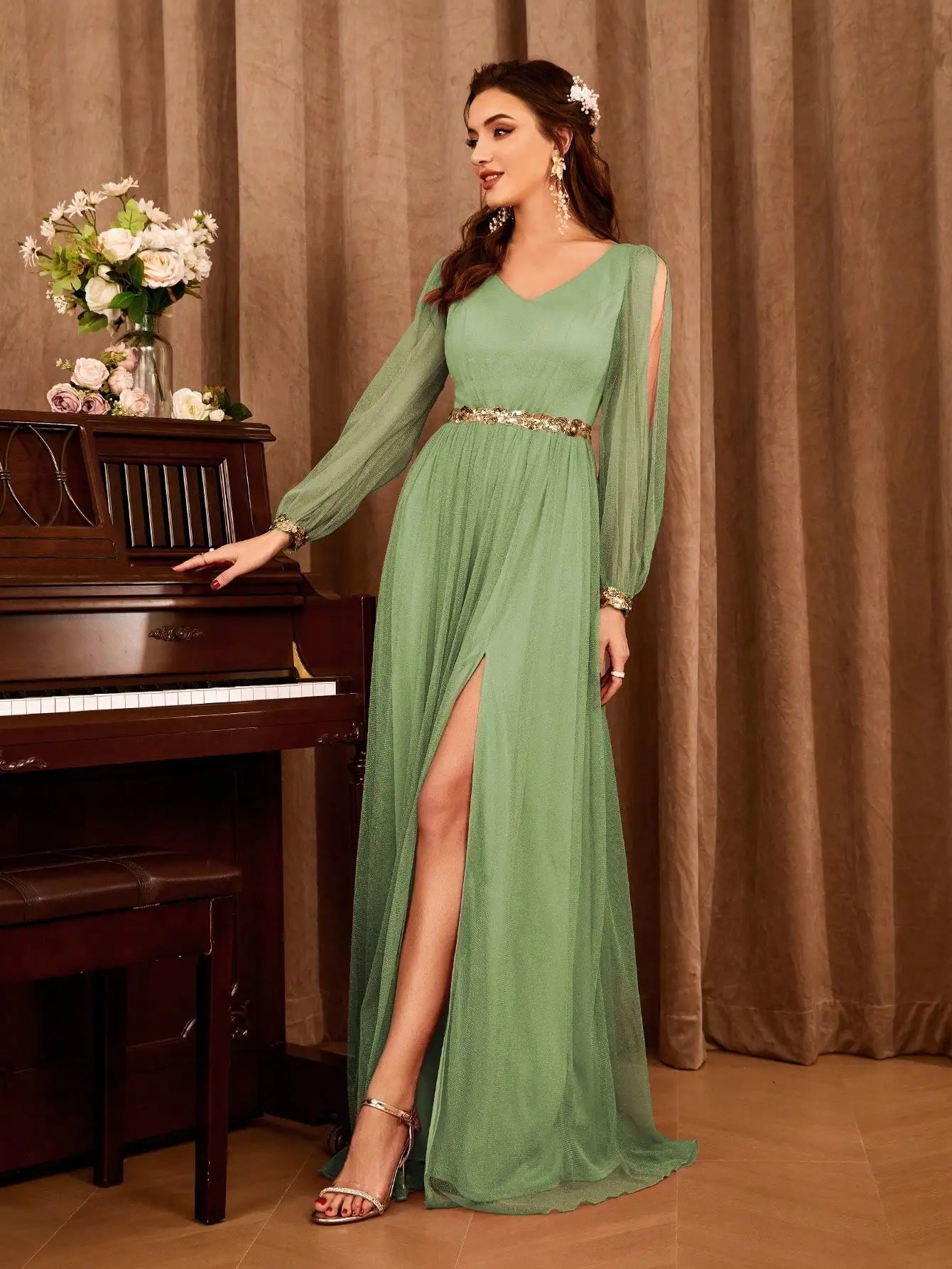 Gauze Applique Slit V-neck Maxi Dress