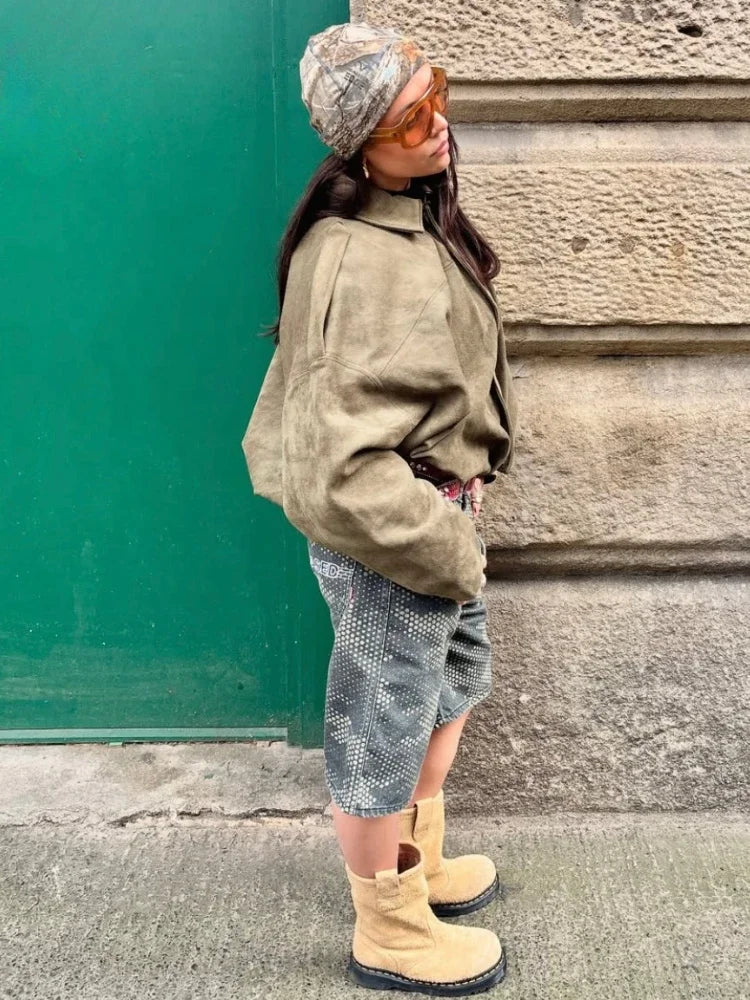 Brown Green Lapel Bomber Jacket