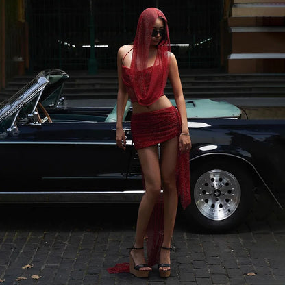 Hooded Crop Asymmetrical Sparkling Mesh Rave Two Piece Skirt Set