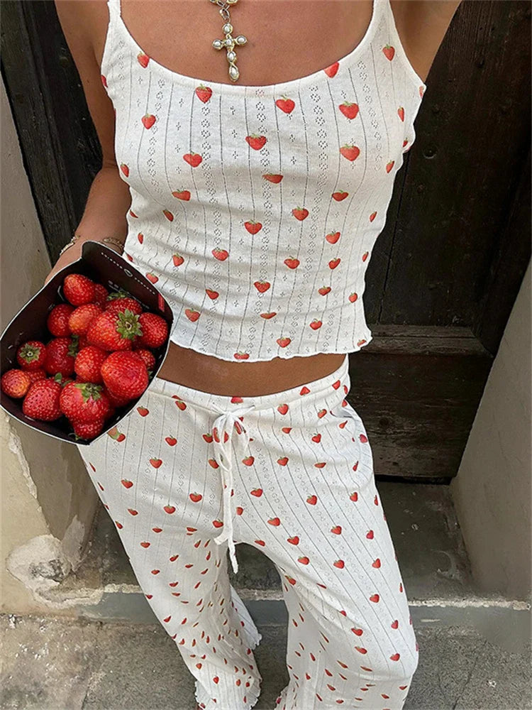 Strawberry Print Pajama Two Piece Pants Set