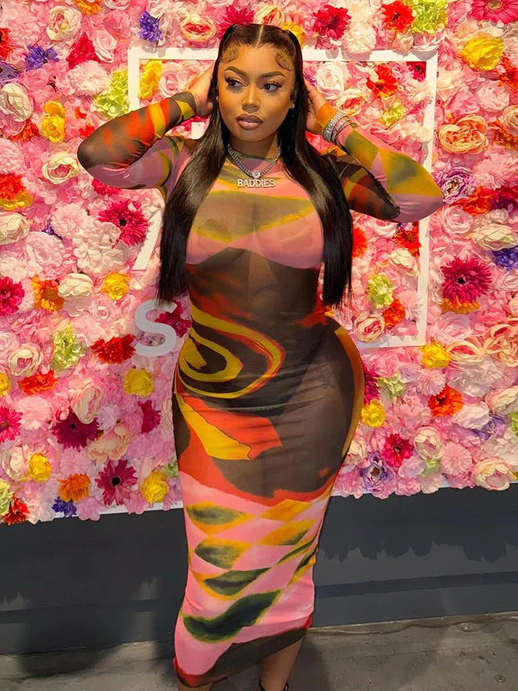 Mesh See Through Sleeve Midi Dress