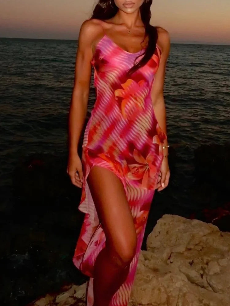 Chic Flower Printed V Neck Beach Midi Dress