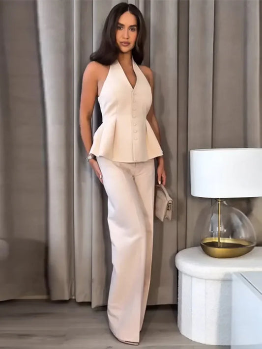 Halter V-Neck Straight Pant Suit