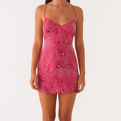 Sequin Beaded V Neck Backless Mini Dress