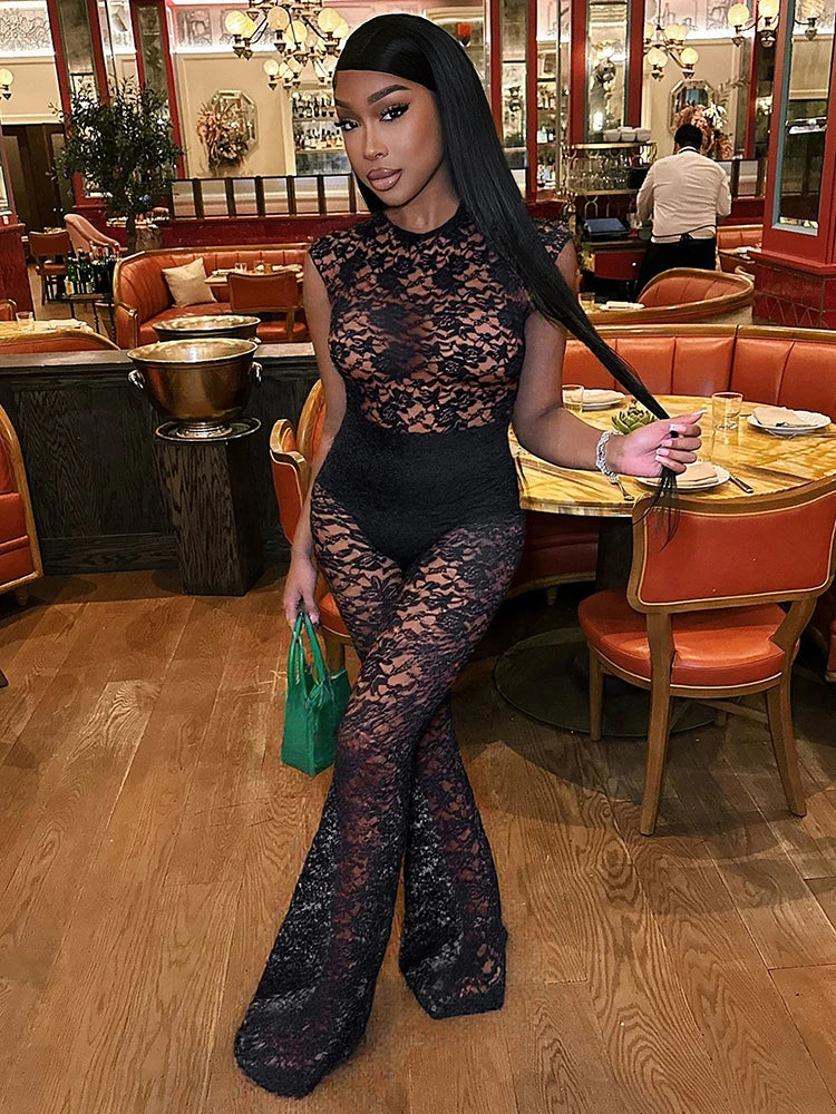 Mesh See Through Flared Two Piece Pants Set