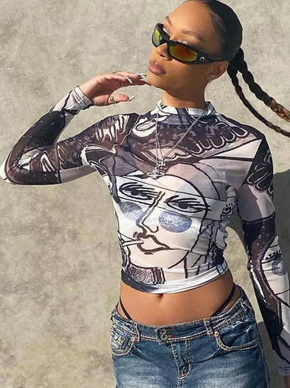 Graphic Print Mesh Long Sleeve Sheer Top